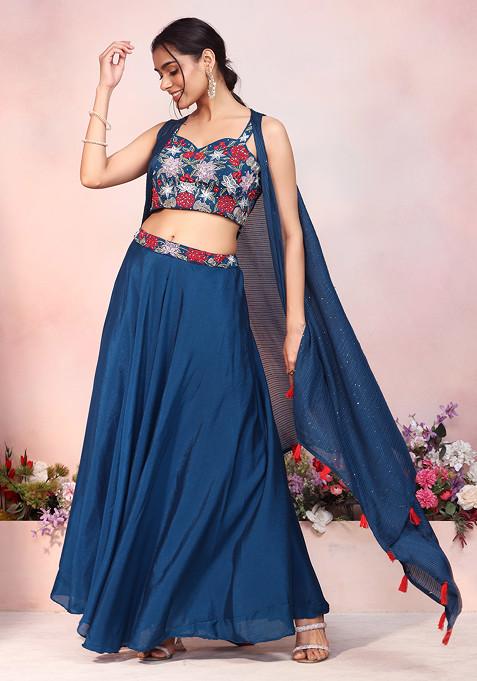 Turquoise Blue Sharara Set With Floral Embroidered Blouse And Jacket