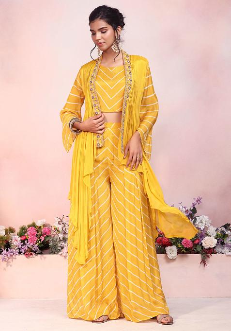 Mustard Leheriya Print Palazzo And Blouse Set With Embroidered Jacket And Belt