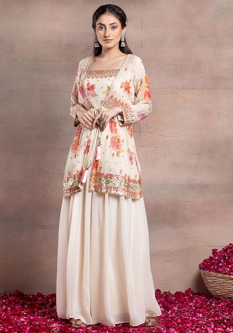 Off White Sharara Set With Floral Print Embroidered Blouse And Attached Jacket