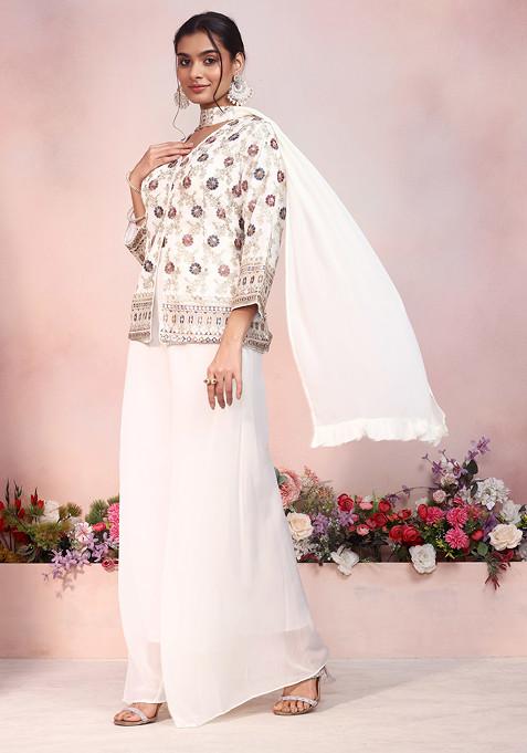 Off White Floral Zari Sequin Embroidered Short Kurta Set With Palazzo And Dupatta