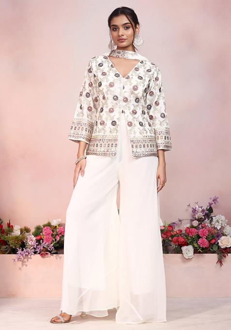 Off-White & Red Floral Jacquard Kurta Set with Chiffon Dupatta
