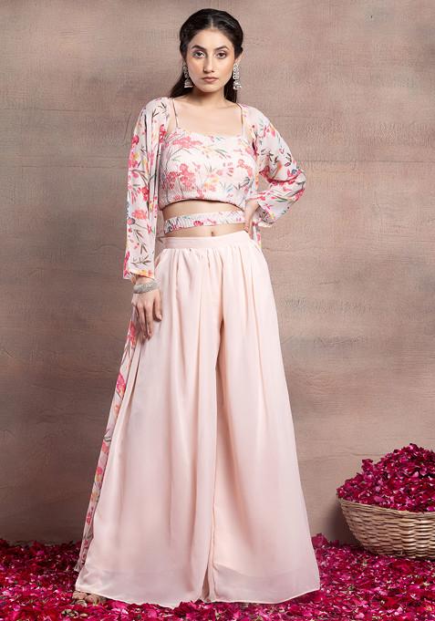 Peach Sharara Set With Floral Print Hand Embellished Blouse And Jacket