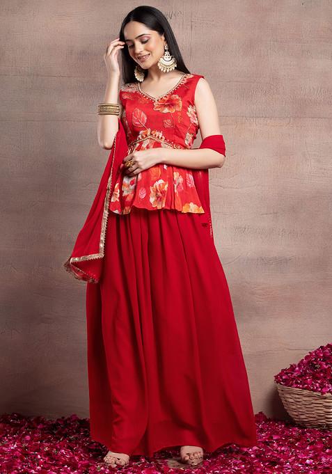Red Sharara Set With Floral Print Short Kurta And Dupatta