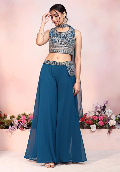 Shop Multi Colored Top with Flared Palazzo & Dupatta Co-ord Set by
