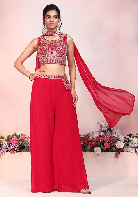 Rani Pink Sharara Set With Mirror Zari Embroidered Blouse And Choker Dupatta