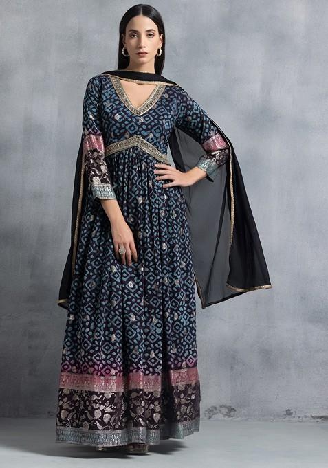 Black Ikat Print Sequin Embellished Anarkali With Dupatta