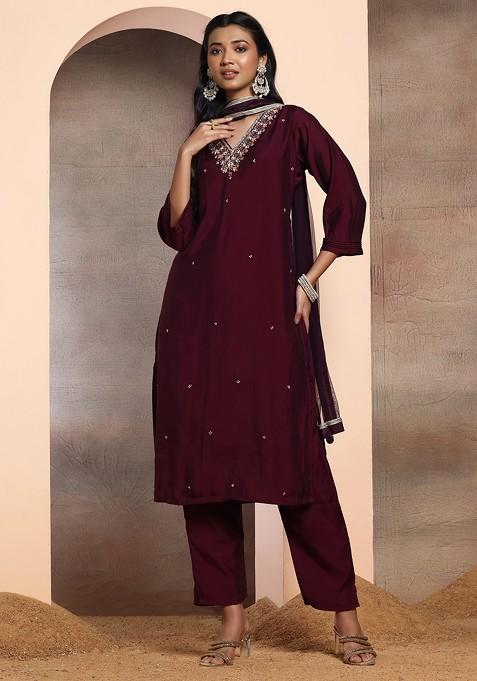 Purple Sequin Embroidered Neck Kurta Set With Pants And Brocade Dupatta