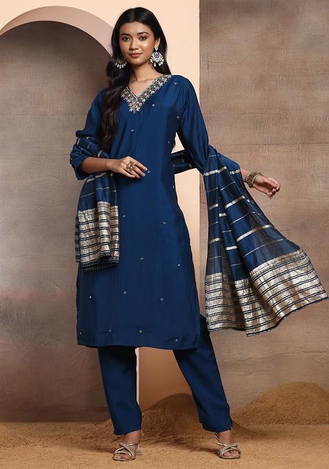 Blue Sequin Embroidered Neck Kurta Set With Pants And Brocade Dupatta