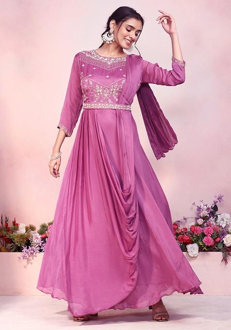 Mauve Zari Hand Embroidered Gown With Embellished Belt