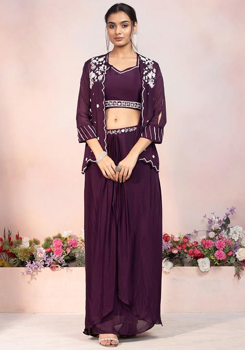 Purple Floral Bead Embroidered Jacket Set With Embroidered Blouse And Dhoti Pants