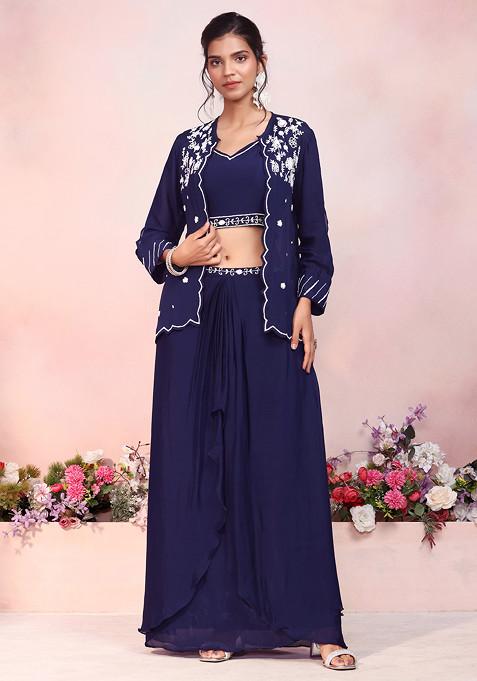 Navy Blue Floral Bead Embroidered Jacket Set With Embroidered Blouse And Dhoti Pants