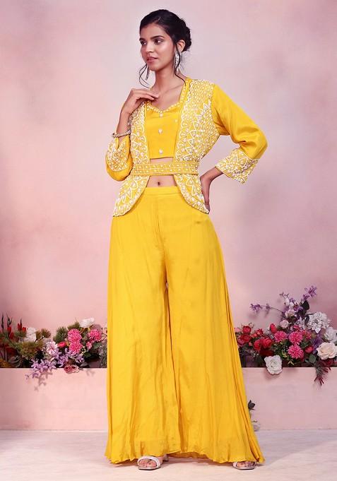 Mustard Floral Bead Embroidered Jacket Set With Embroidered Blouse And Pants