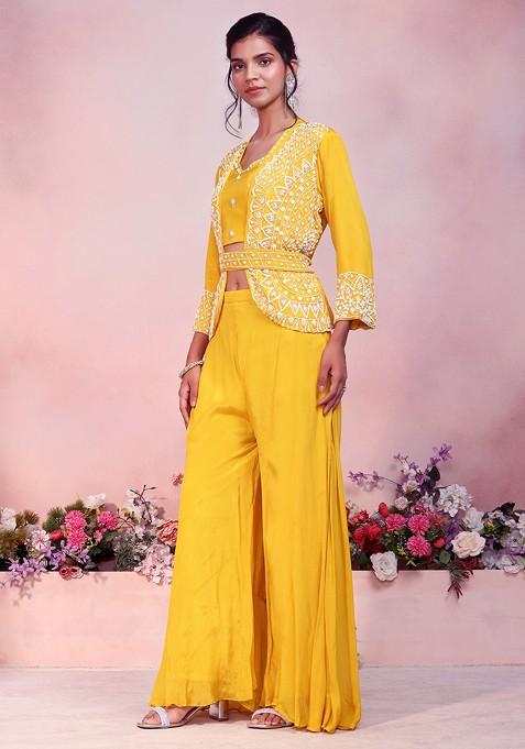 Mustard Floral Co-Ord Set With Embroidery Jacket