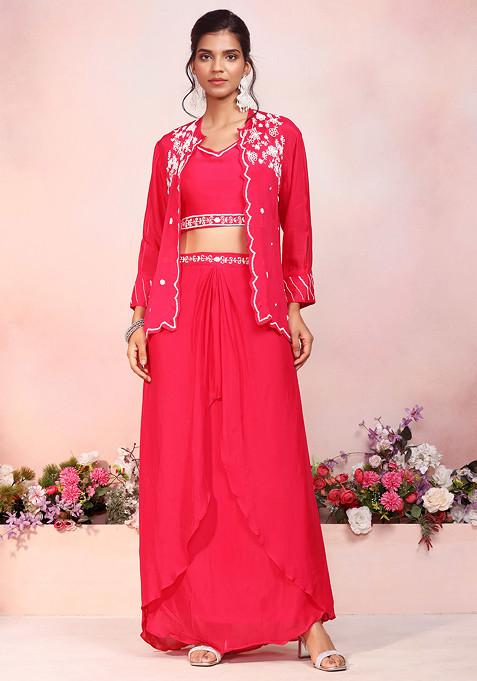 Fuchsia Pink Floral Bead Embroidered Jacket Set With Embroidered Blouse And Skirt