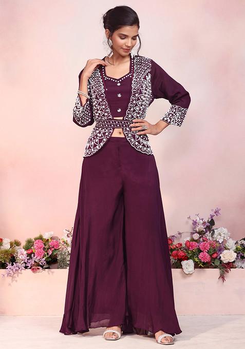 Dark Purple Floral Bead Embroidered Jacket Set With Embroidered Blouse And Skirt