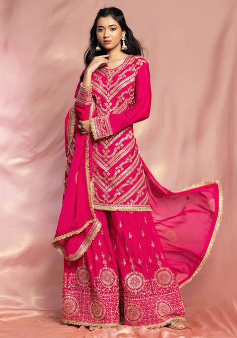 Fuchsia Pink Sequin Embroidered Sharara Set With Embroidered Kurta And Dupatta