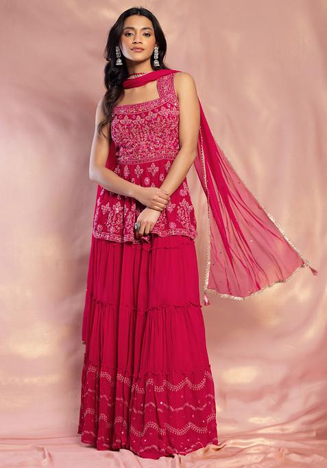 Fuchsia Pink Embroidered Sharara Set With Dori Work Embellished Kurta And Dupatta