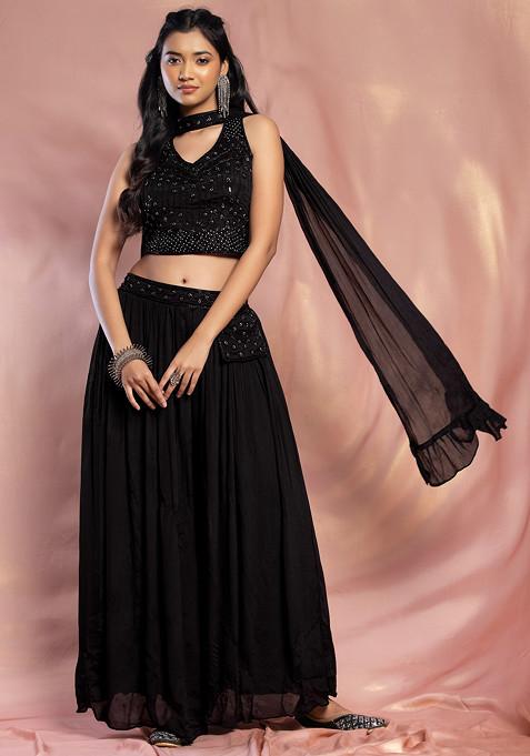 Black Palazzo Set With Embellished Blouse And Choker Dupatta