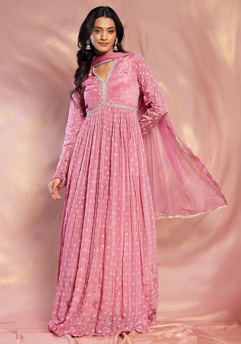Pink Geometric Print Embellished Anarkali With Dupatta