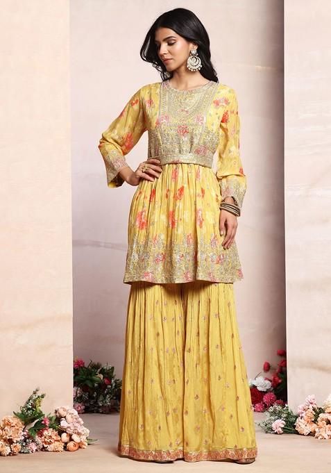 Bling Sequinned Peplum Kurta Sharara Set with Resham Zari Embroidery