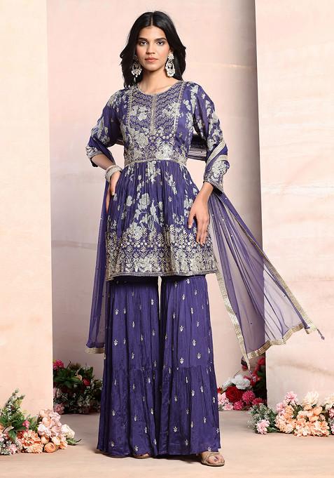 Blue Embroidered Sharara Set With Zari Embroidered Floral Kurta And Dupatta
