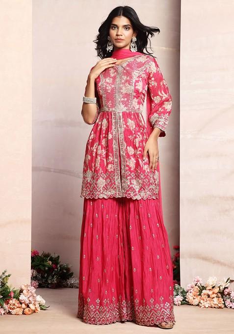 Hot Pink Embroidered Sharara Set With Zari Embroidered Floral Kurta And Dupatta