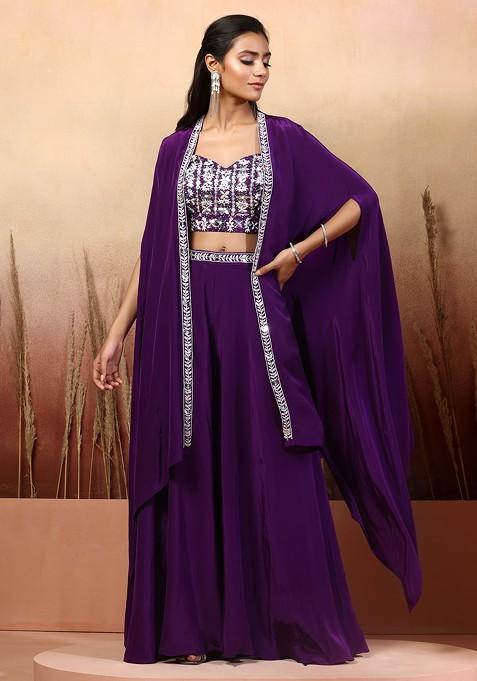Purple Sharara Set With Mirror Bead Embellished Blouse And Embellished Dupatta
