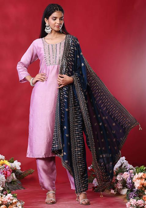 Lilac Sequin Zari Embroidered Kurta Set With Pants And Embroidered Dupatta