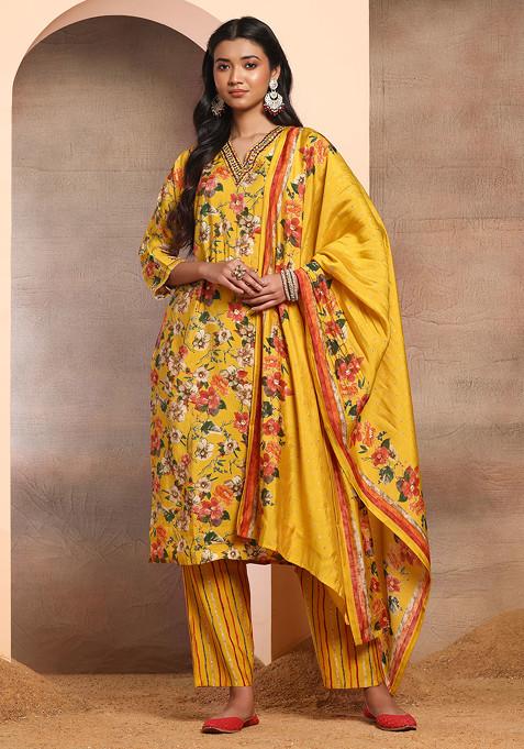 Mustard Floral Print Embellished Kurta Set With Printed Pants And Dupatta