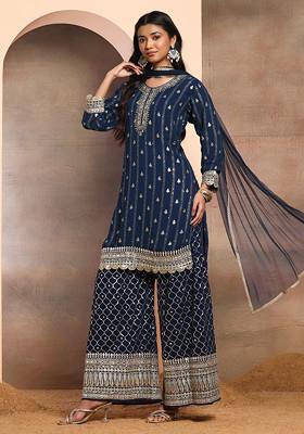 Navy Blue Sequin Embroidered Sharara Set With Floral Brocade Kurta And Dupatta