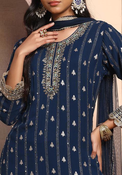 Elegant Navy Blue Designer Thread Worked Kurta Sharara Set With  Dupatta