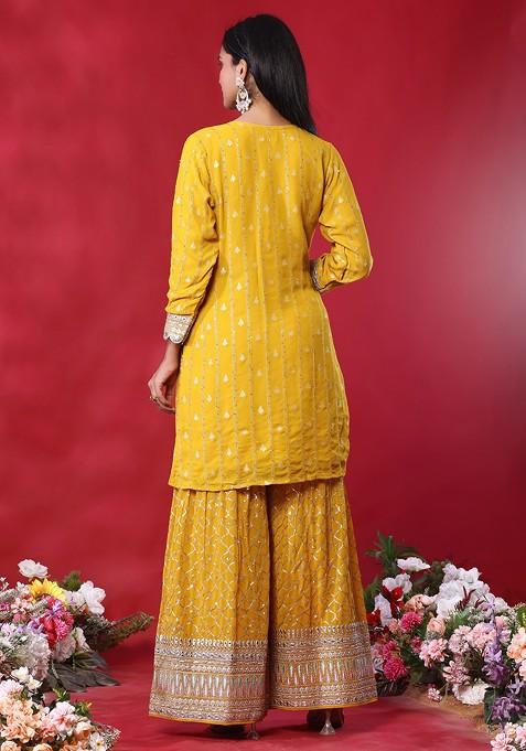 Embroidered  Kurti & Brocade Sharara Set with  Dupatta