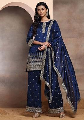 Teal Blue Geometric Sequin Embroidered Kurta Set With Palazzo And Dupatta