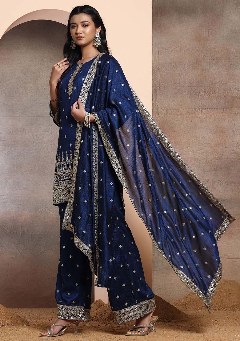 Teal Blue Geometric Sequin Embroidered Kurta Set With Palazzo And Dupatta