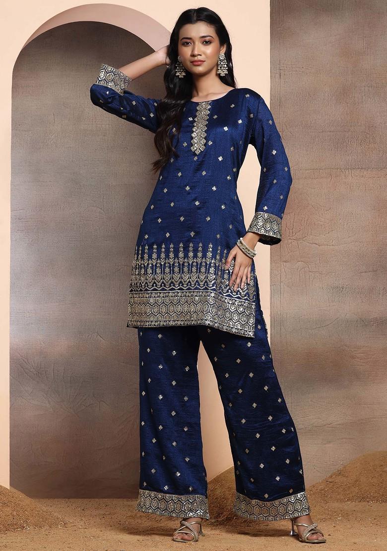 Teal Blue Geometric Sequin Embroidered Kurta Set With Palazzo And Dupatta