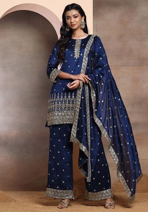 Teal Blue Geometric Sequin Embroidered Kurta Set With Palazzo And Dupatta