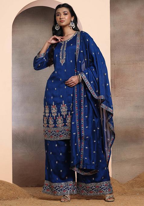 Turquoise Blue Sequin Zari Floral Embroidered Kurta Set With Palazzo And Dupatta