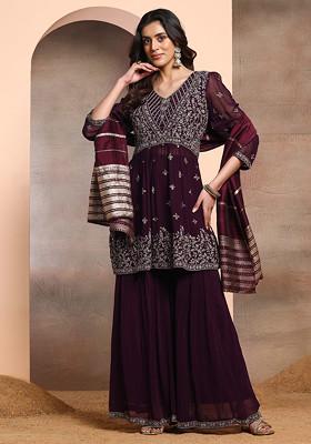 Dark Purple Floral Sequin Mirror Embroidered Kurta Set With Palazzo And Dupatta