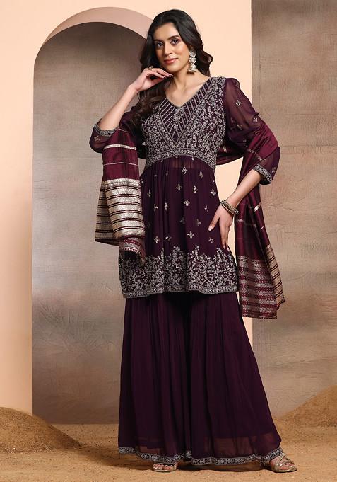 Dark Purple Floral Sequin Mirror Embroidered Kurta Set With Palazzo And Dupatta