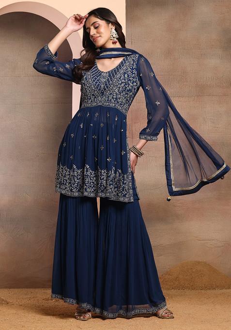 Navy Blue Floral Sequin Mirror Embroidered Kurta Set With Palazzo And Dupatta