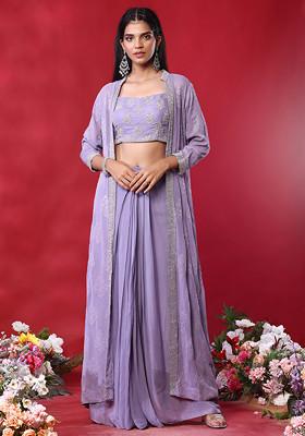 Lavender Embellished Jacket Set With Hand Embroidered Blouse And Palazzo