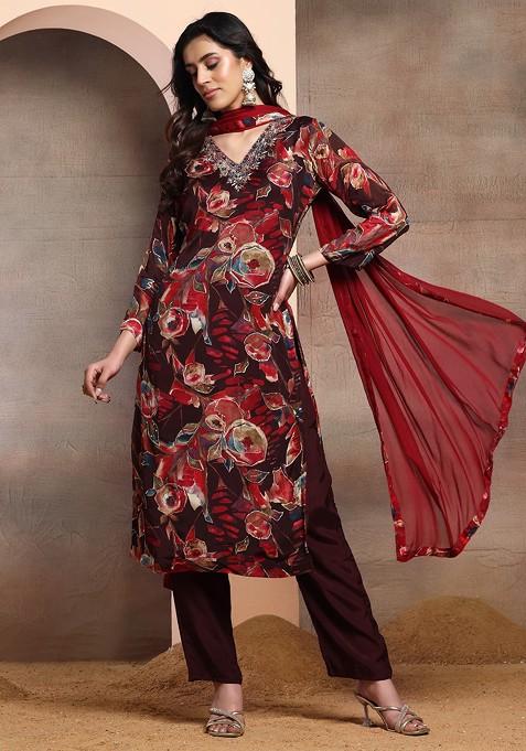 Brown Abstract Floral Print Embellished Kurta Set With Pants And Dupatta