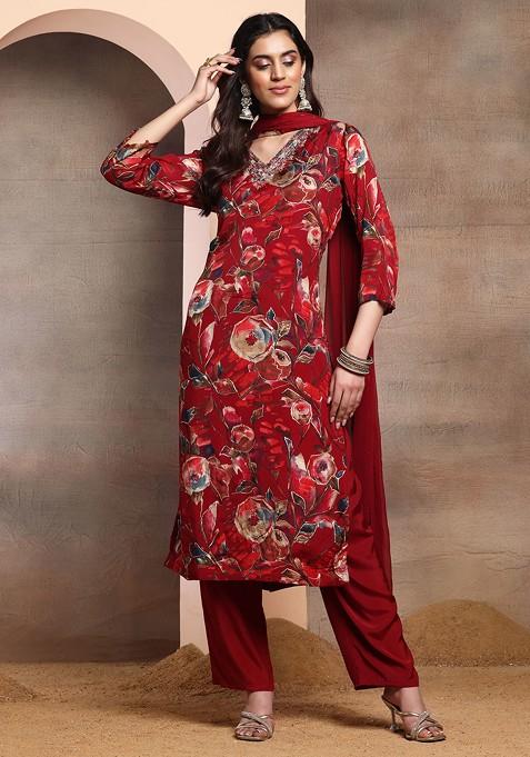 Red Abstract Floral Print Embellished Kurta Set With Pants And Dupatta