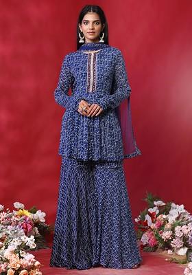 Navy Blue Geometric Print Sharara Set With Kurta And Dupatta