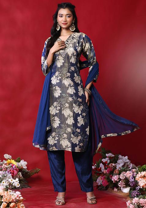 Blue Floral Print Embroidered Shimmer Kurta Set With Pants And Dupatta