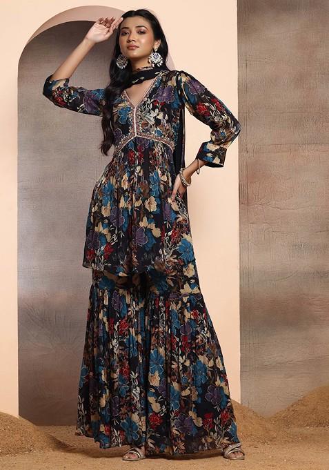 Black Floral Print Sharara Set With Sequin Embellished Kurta And Dupatta