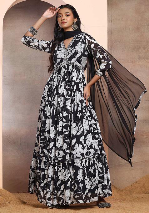 Black And White Floral Print Embellished Anarkali Kurta With Dupatta