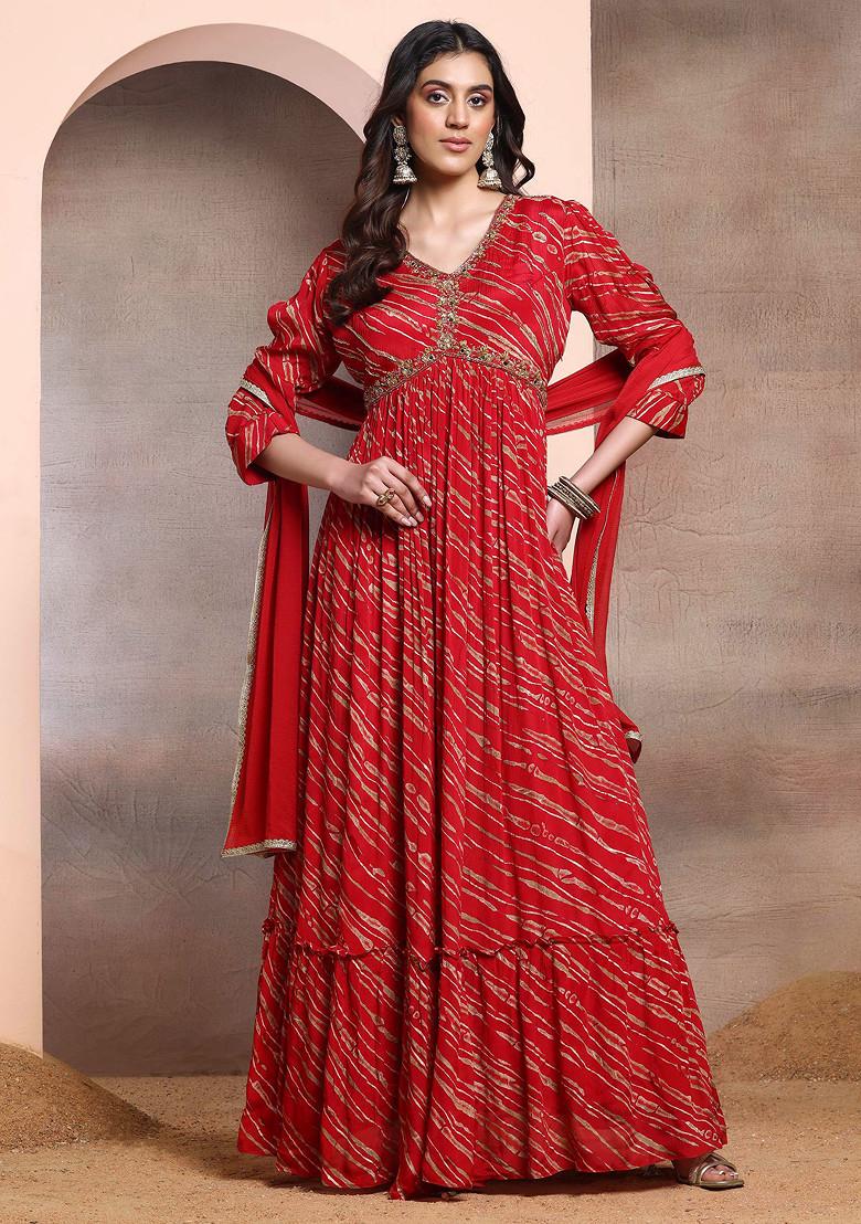 Buy Women Red Leheriya Print Embellished Anarkali Kurta With