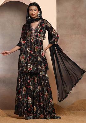 Black Floral Print Sharara Set With Embroidered Kurta And Dupatta