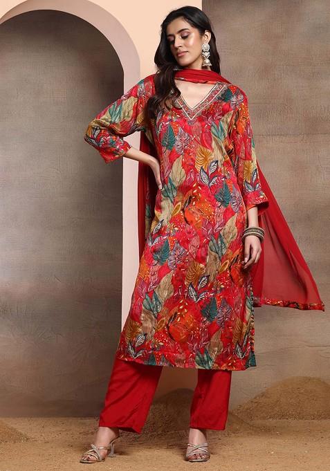 Red Floral Digital Print Embroidered Kurta Set With Pants And Dupatta